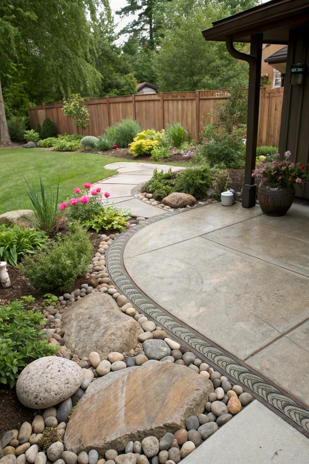 Harmonious borders connect the patio with its natural surroundings.