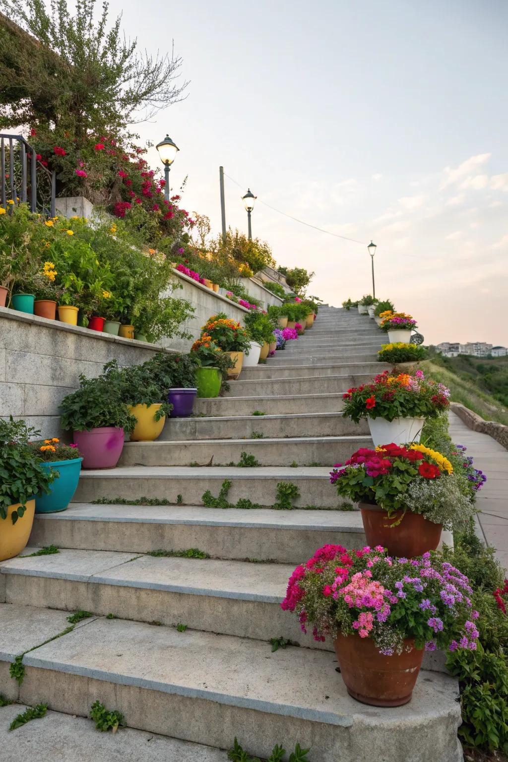 Planters bring vibrancy and color to concrete steps.