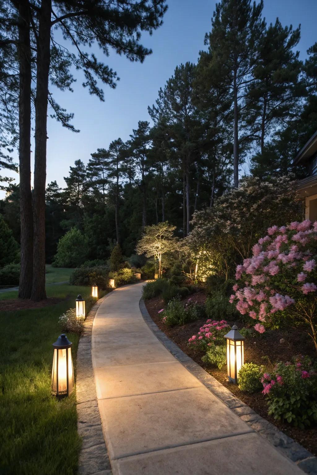 Construct a magical nighttime walkway with lighting.