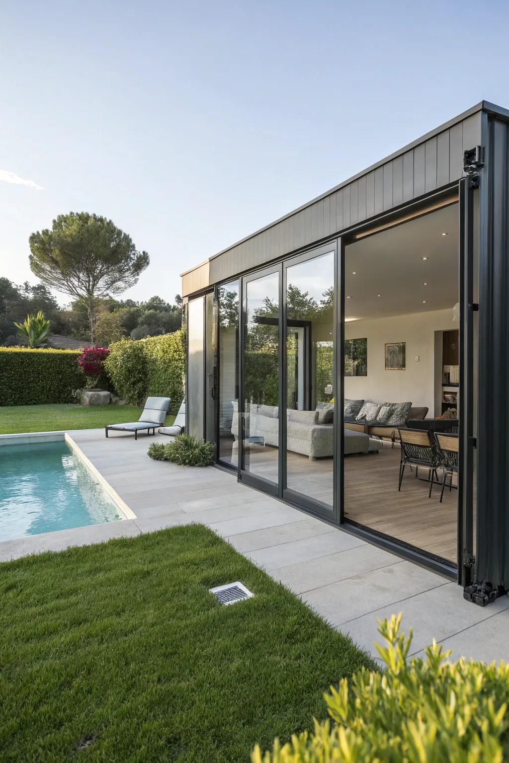 A sophisticated pool area constructed from a shipping container.