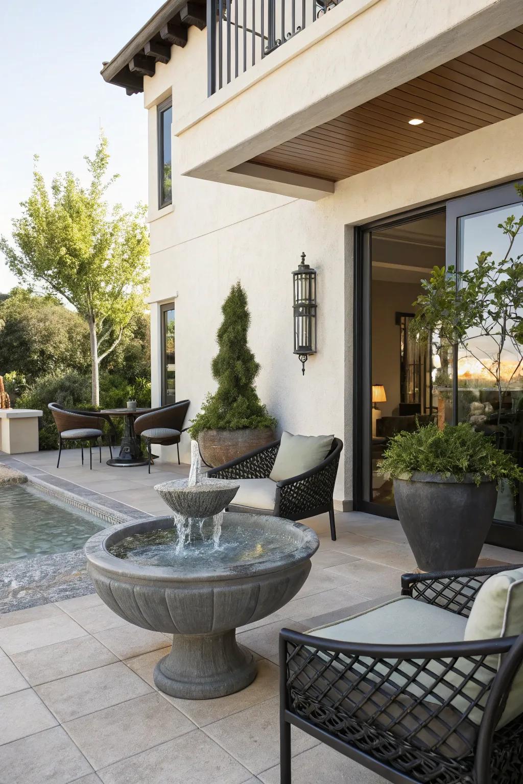 A water feature gives a peaceful feel to a modern patio.