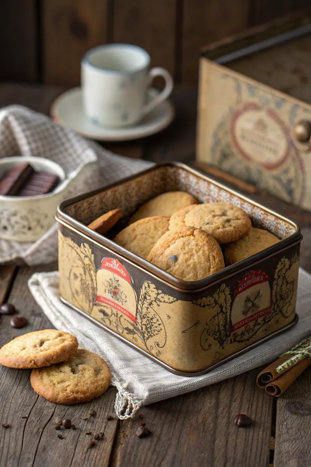 Classic metal boxes bring a nostalgic charm to biscuit wrapping.