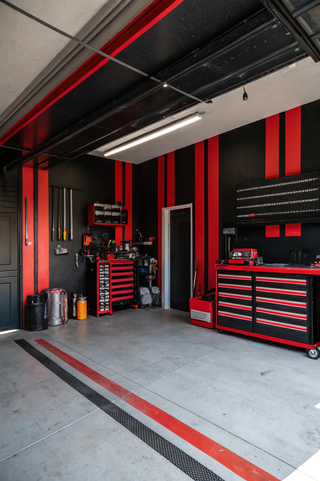 Vibrant colors establish a sensational and animated ambiance in the garage.