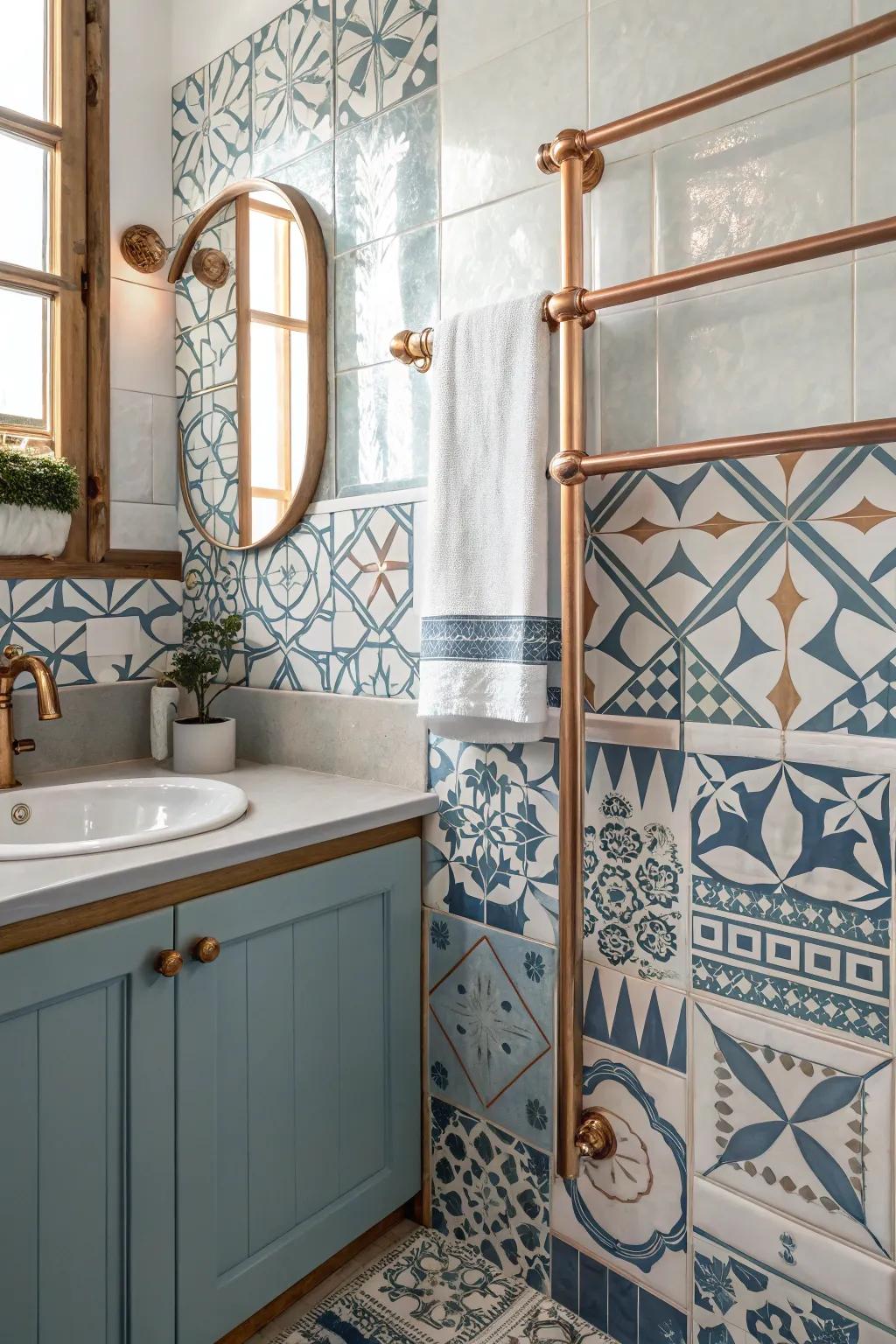 Decorated wall tiles enhance the appeal of metal elements.