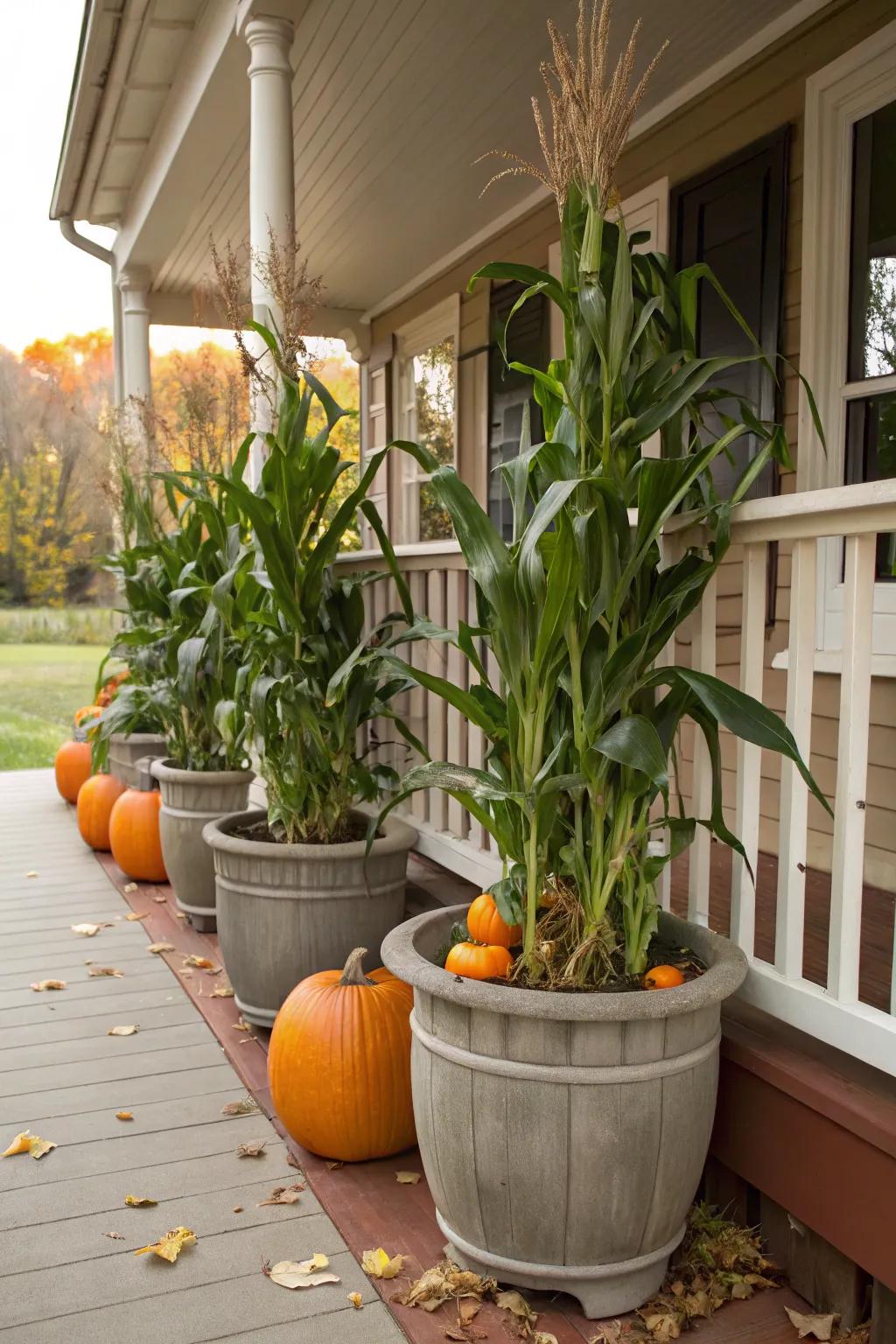 Design a striking outdoor presentation with corn stalks and pumpkins.