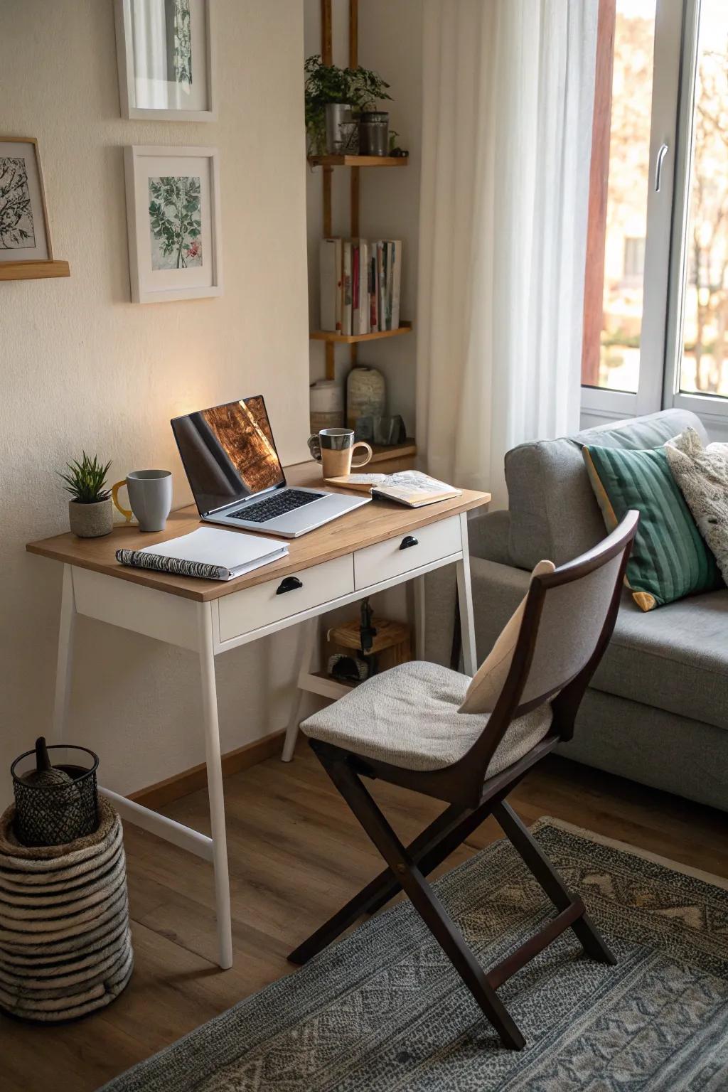 A corner desk turns the area into a compact and efficient workspace.