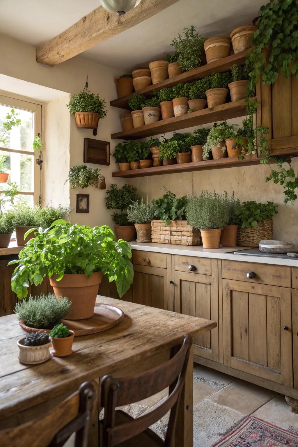 Plants inject a fresh element into this inviting kitchen setting.