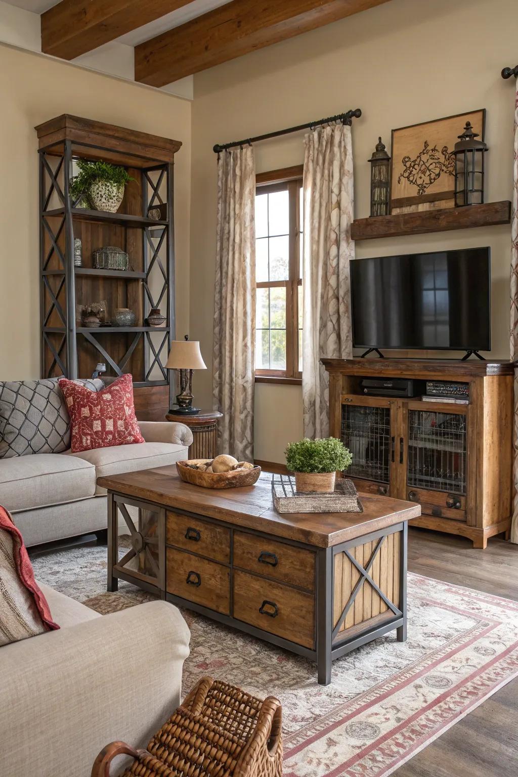 A mix of materials enriches depth and intrigue to the room.