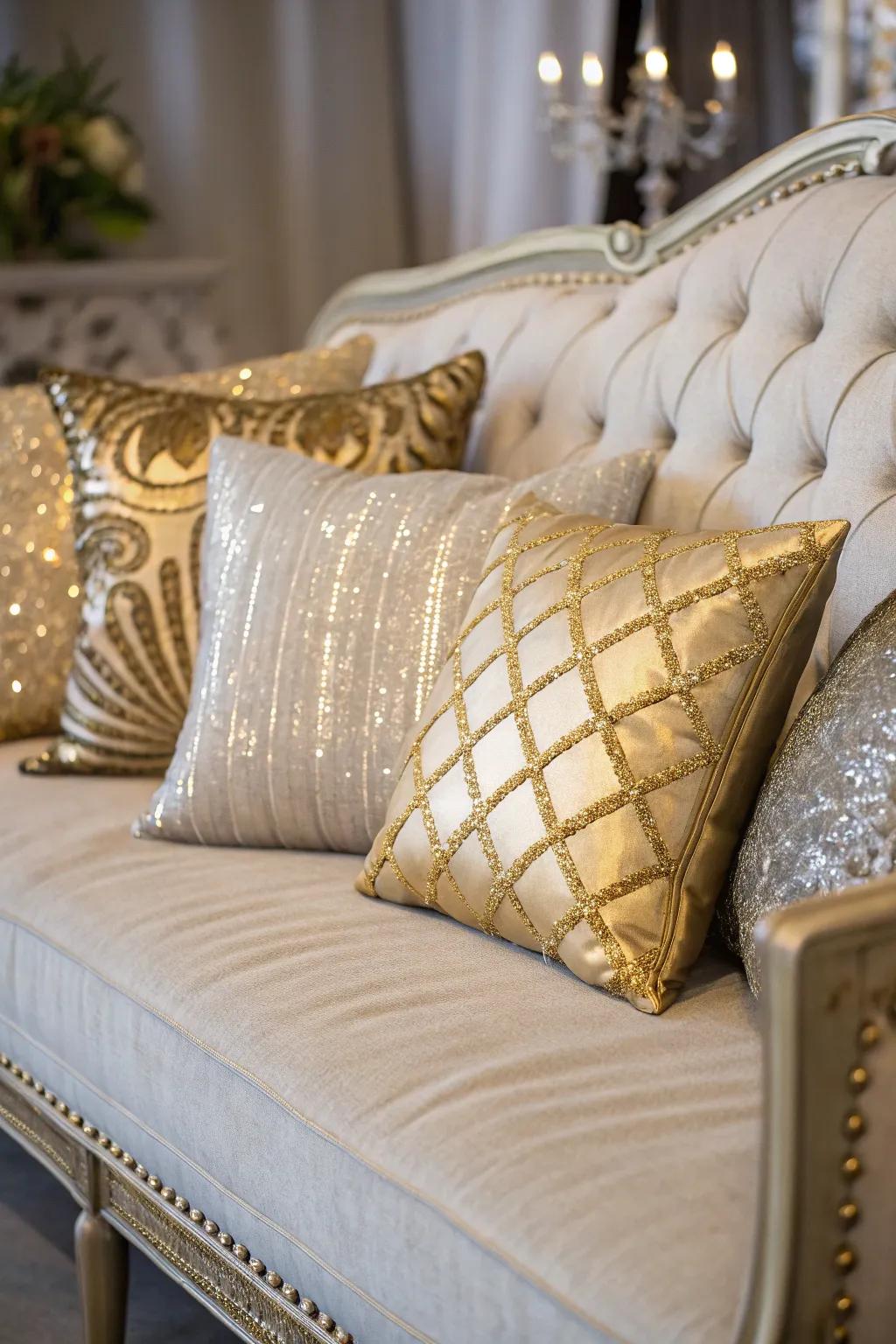 Luxurious pillows add a hint of glamour to the room.