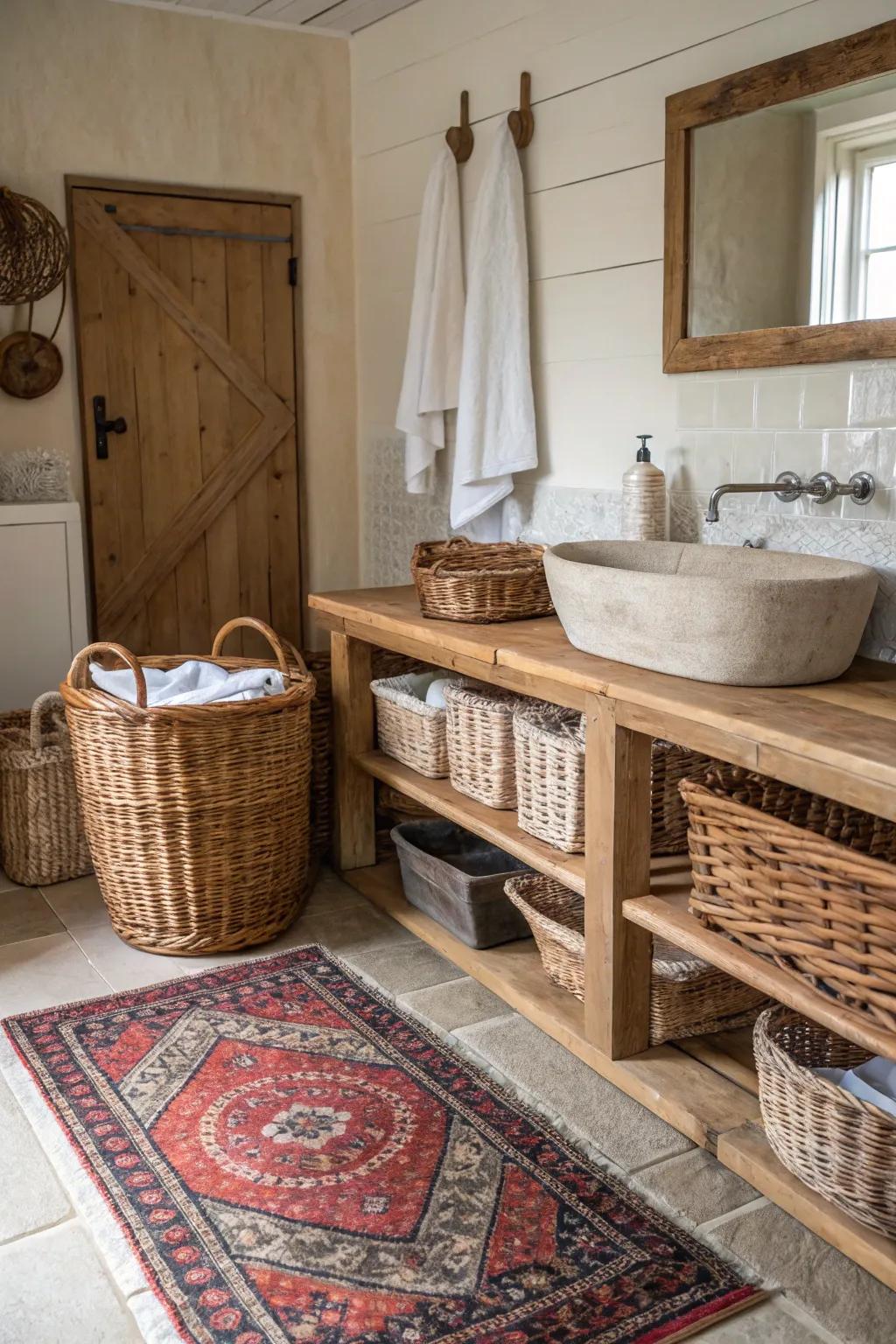 This cozy bathroom is enhanced by decorative features such as rugs and baskets.
