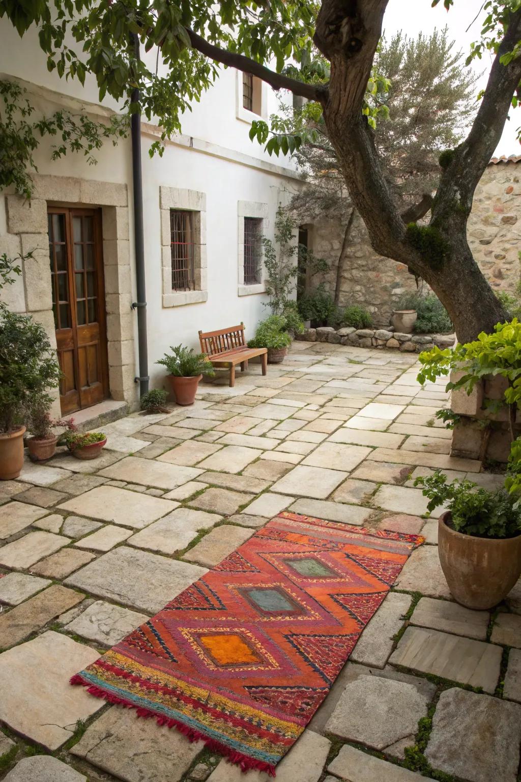 Use outdoor rugs to create a cozy atmosphere on your courtyard pavers.