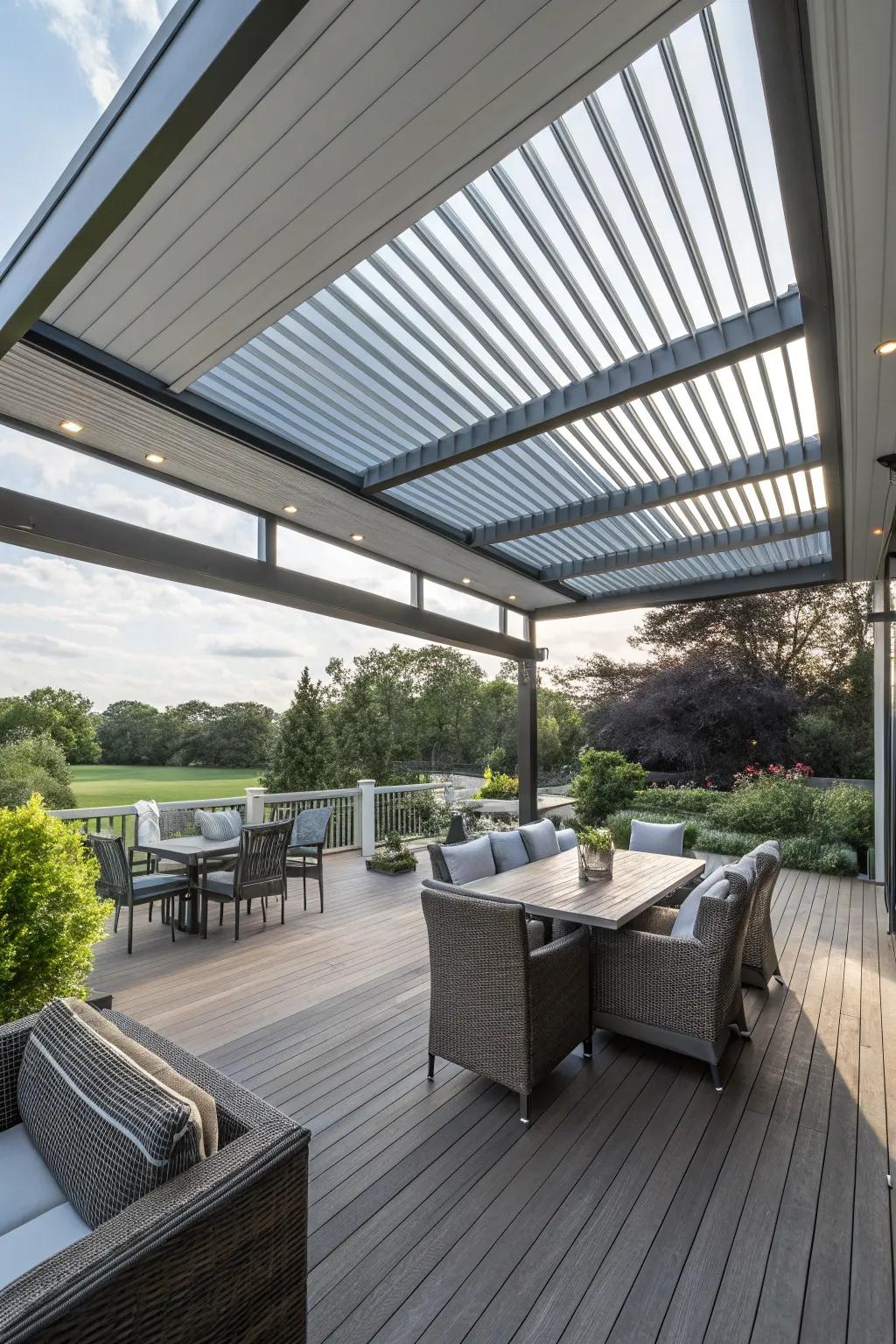 An adaptable slat roof deck for adjustable outdoor living.