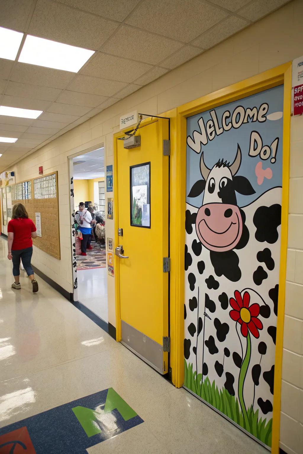 A 'Welcome to Our Mooo-velous Learning Space' door decor