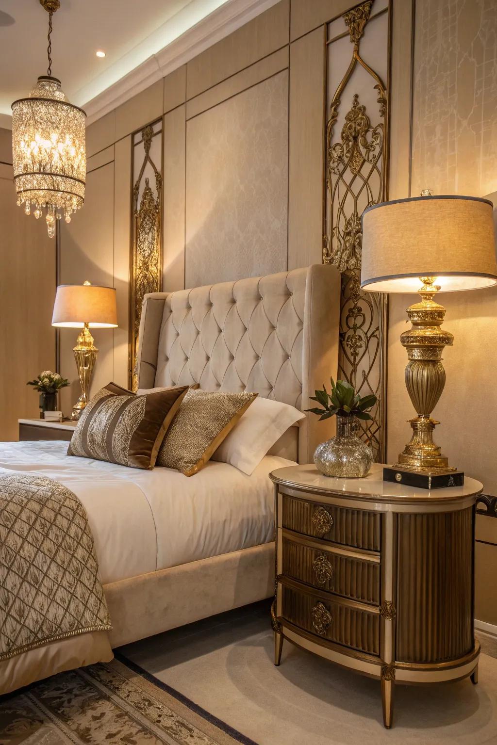 A stylish bedroom featuring metallic details and a warm, welcoming glow.