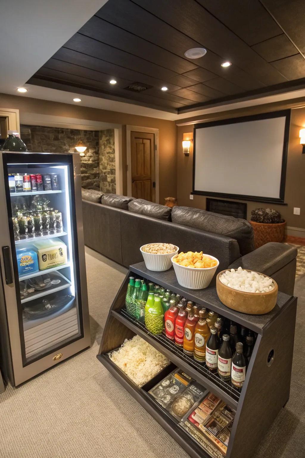 A snack station with a popcorn machine enhances the movie experience.