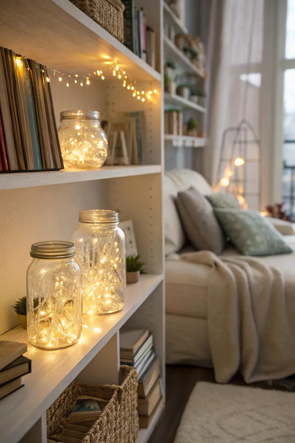 Pixie lights in containers create charming illuminated accents.
