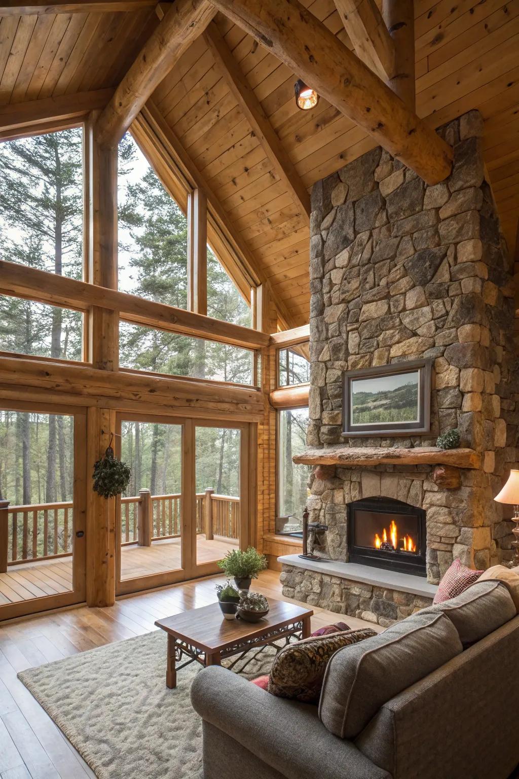 Open spaces in a log cabin interior amplify the sensation of airiness.