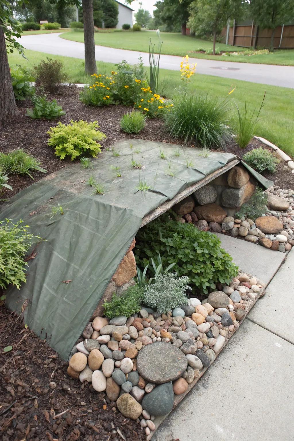 Crawl space enclosure ingeniously concealed within the garden design.