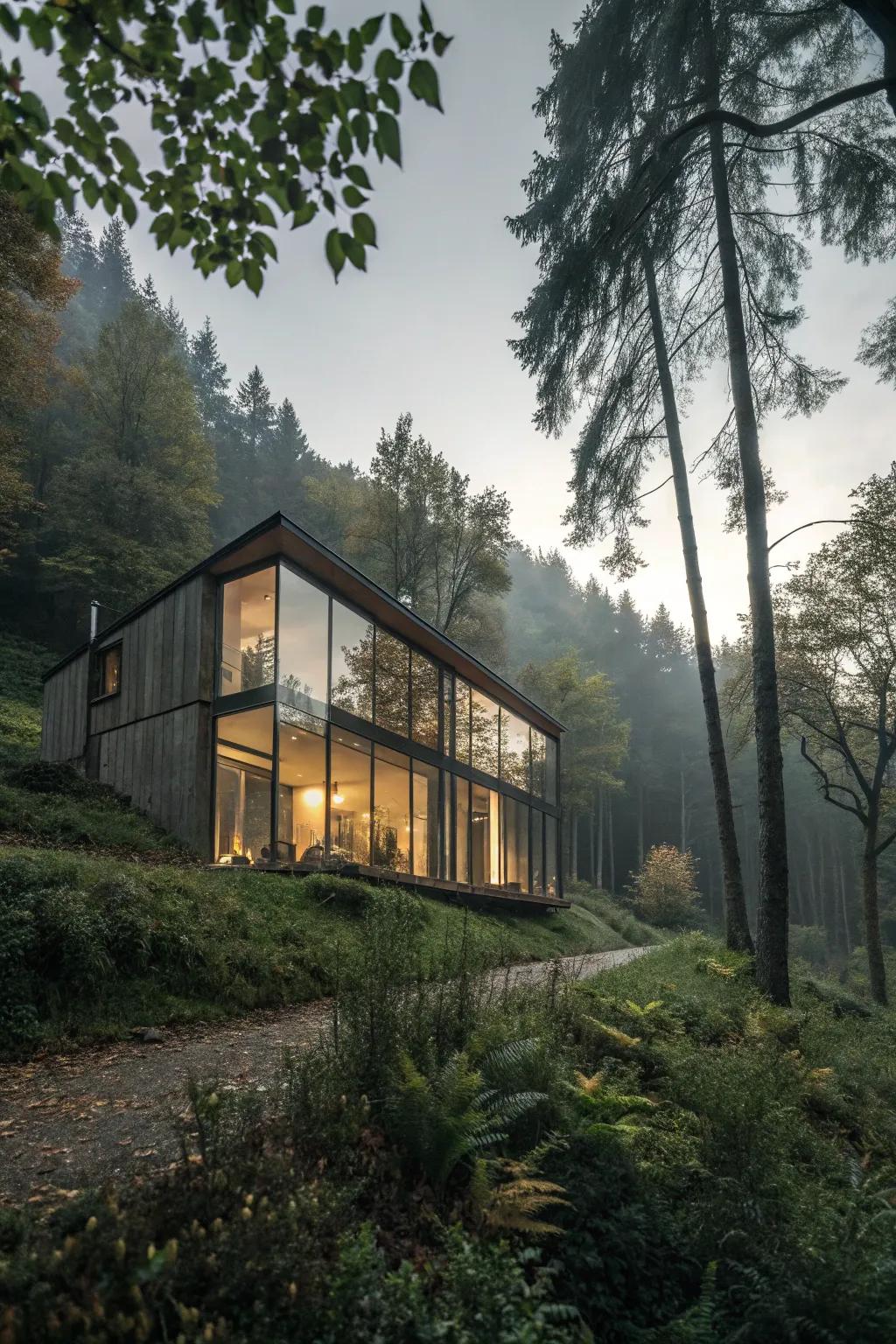 A mirrored house that recedes into its wooded setting.