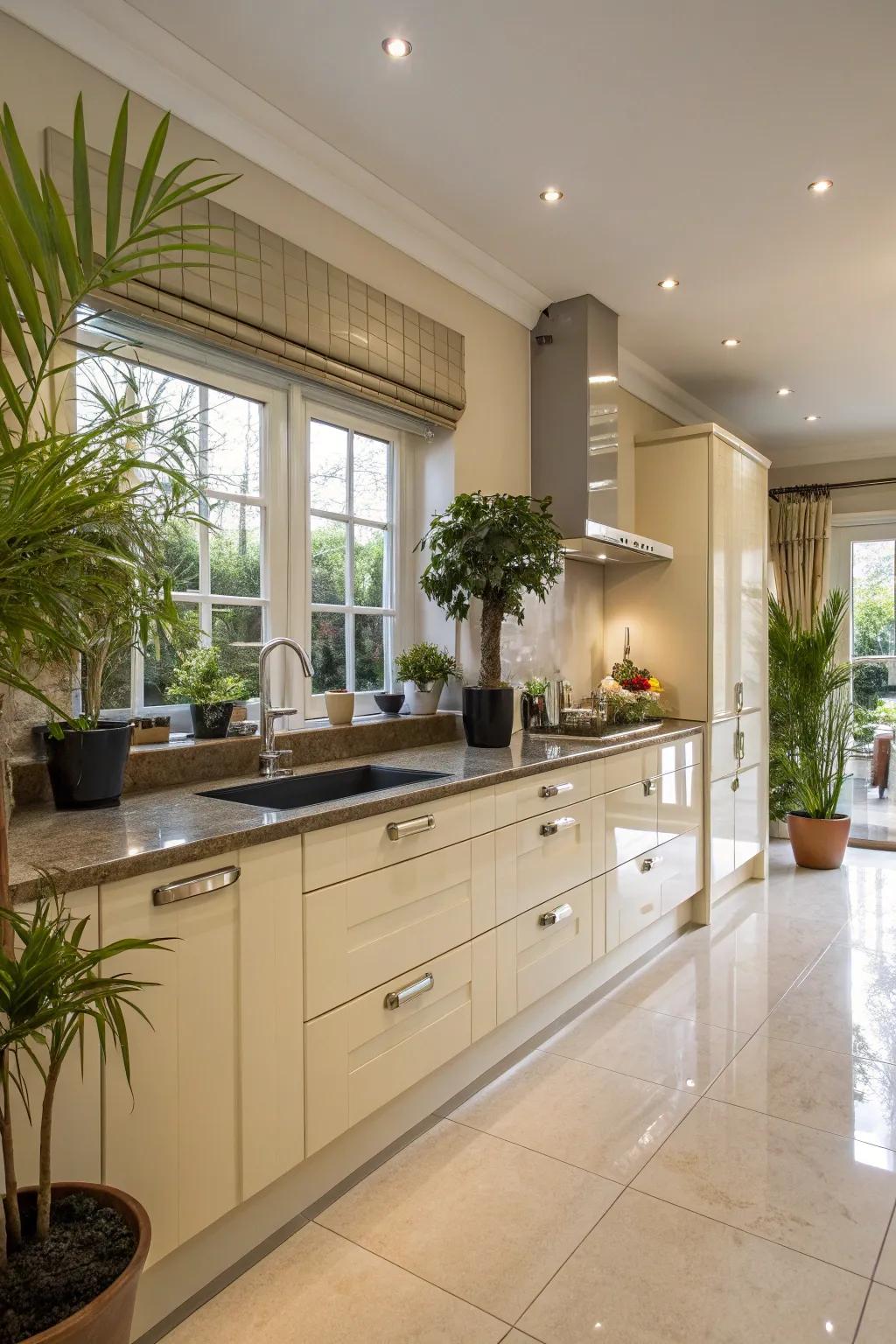 Personal touches of decor that bring a unique flair to a cream gloss kitchen.