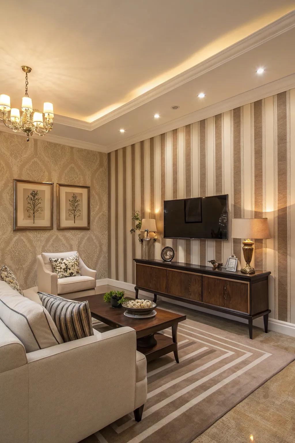 Understated striped walls provide a serene and stylish ambiance.