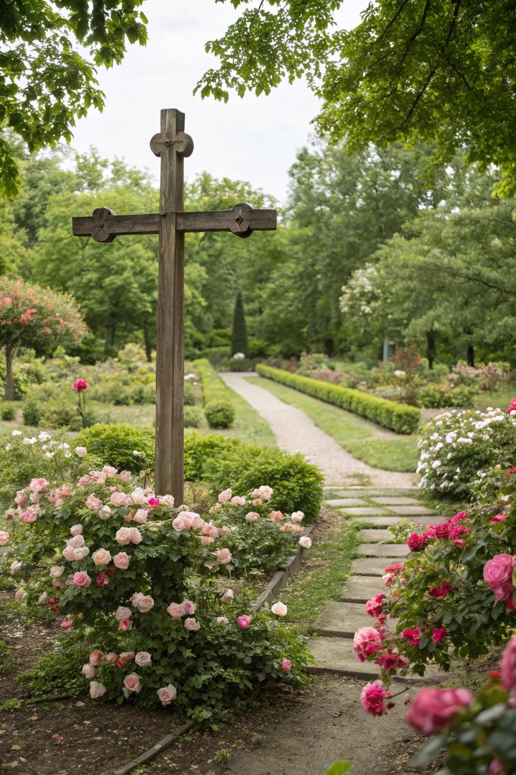 Garden cross encircled by flourishing foliage
