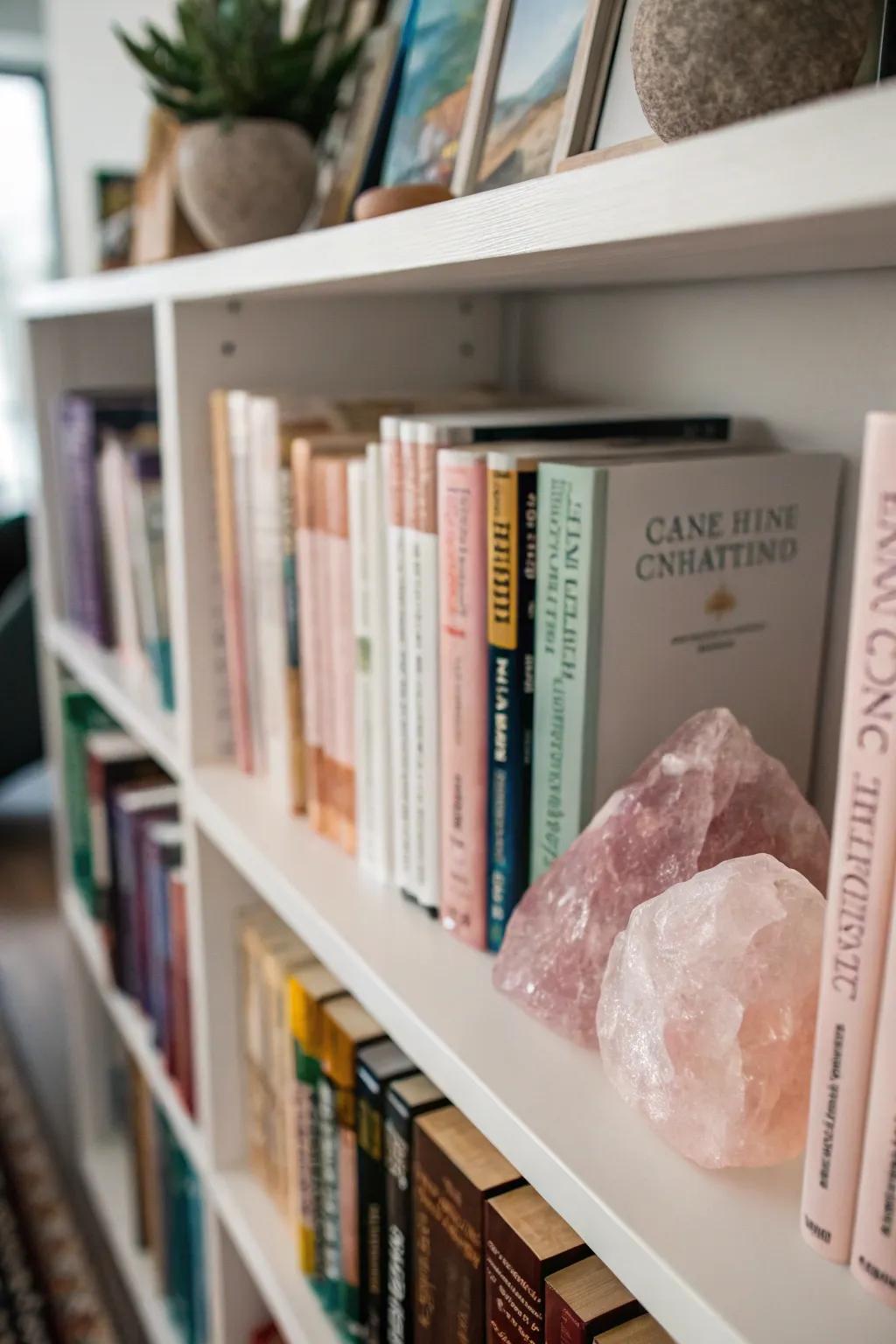 Bookshelves embellished with volumes and crystals for added allure.