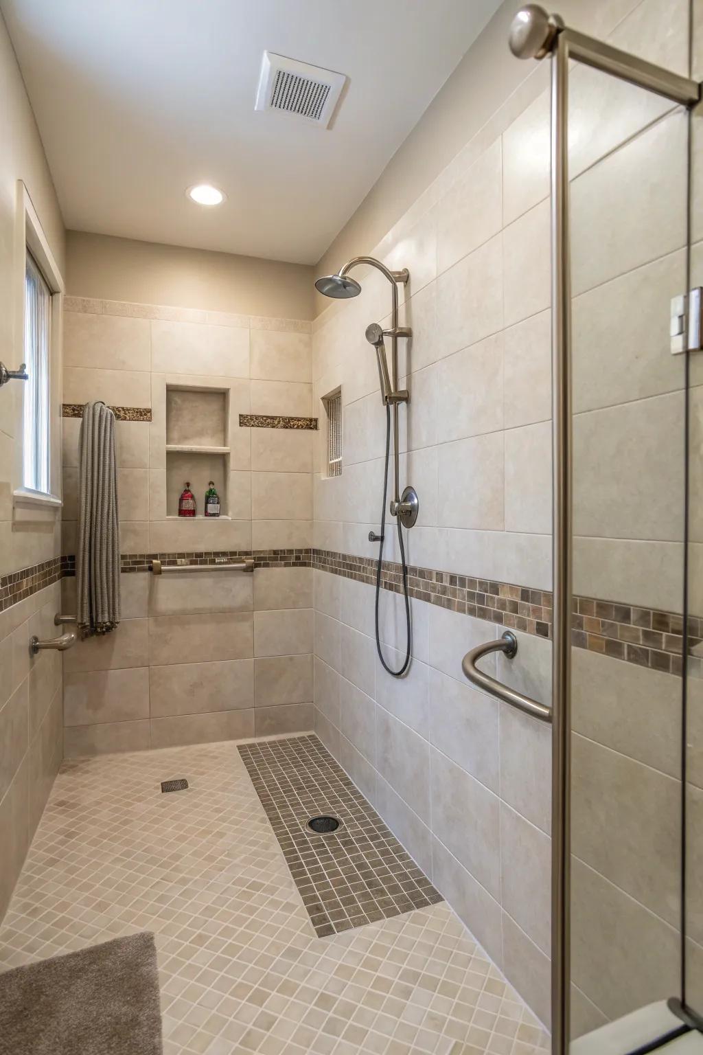 Accessibility pairs with style in this thoughtfully designed open shower.