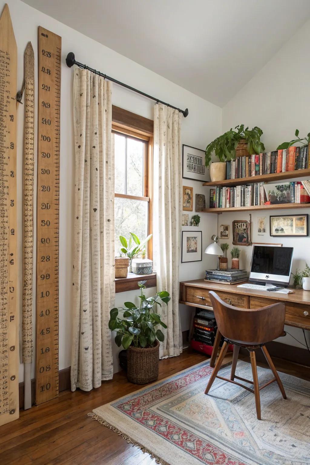 Vintage rulers as curtain rods contribute a delightful retro flair.