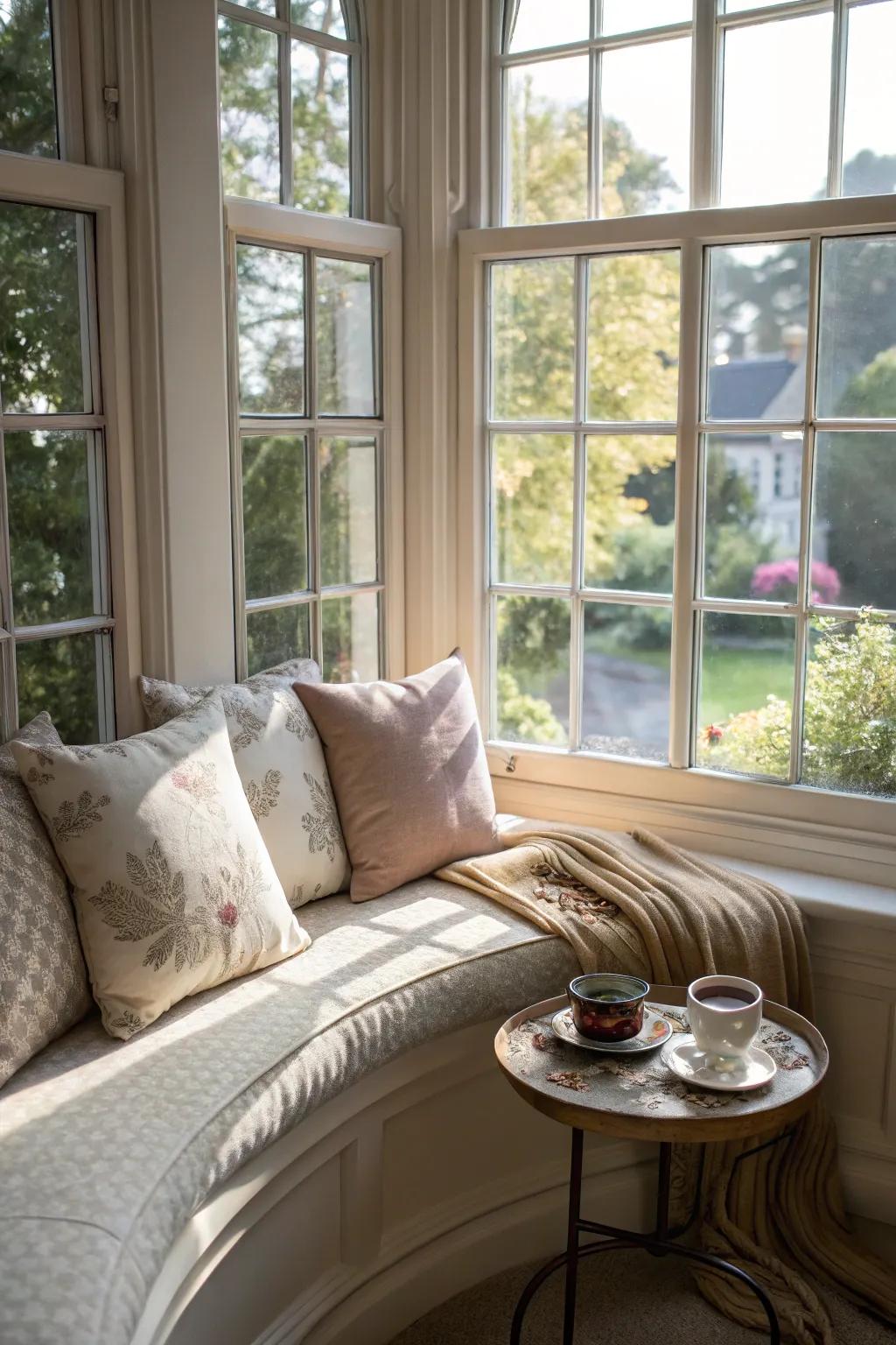 A calm relaxation corner in a curved bay window.