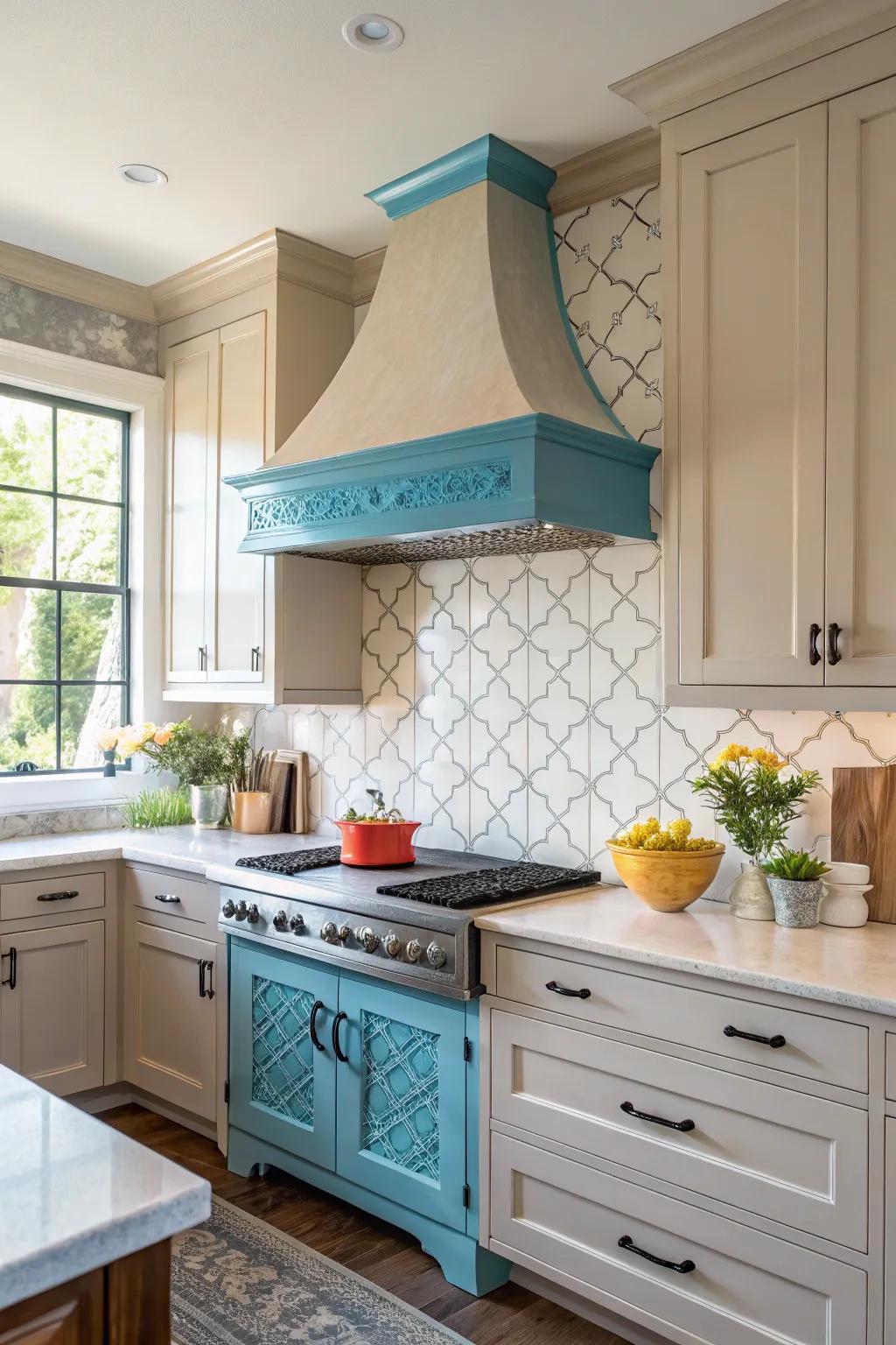 Brilliantly colored range hoods contribute a dynamic focal point.