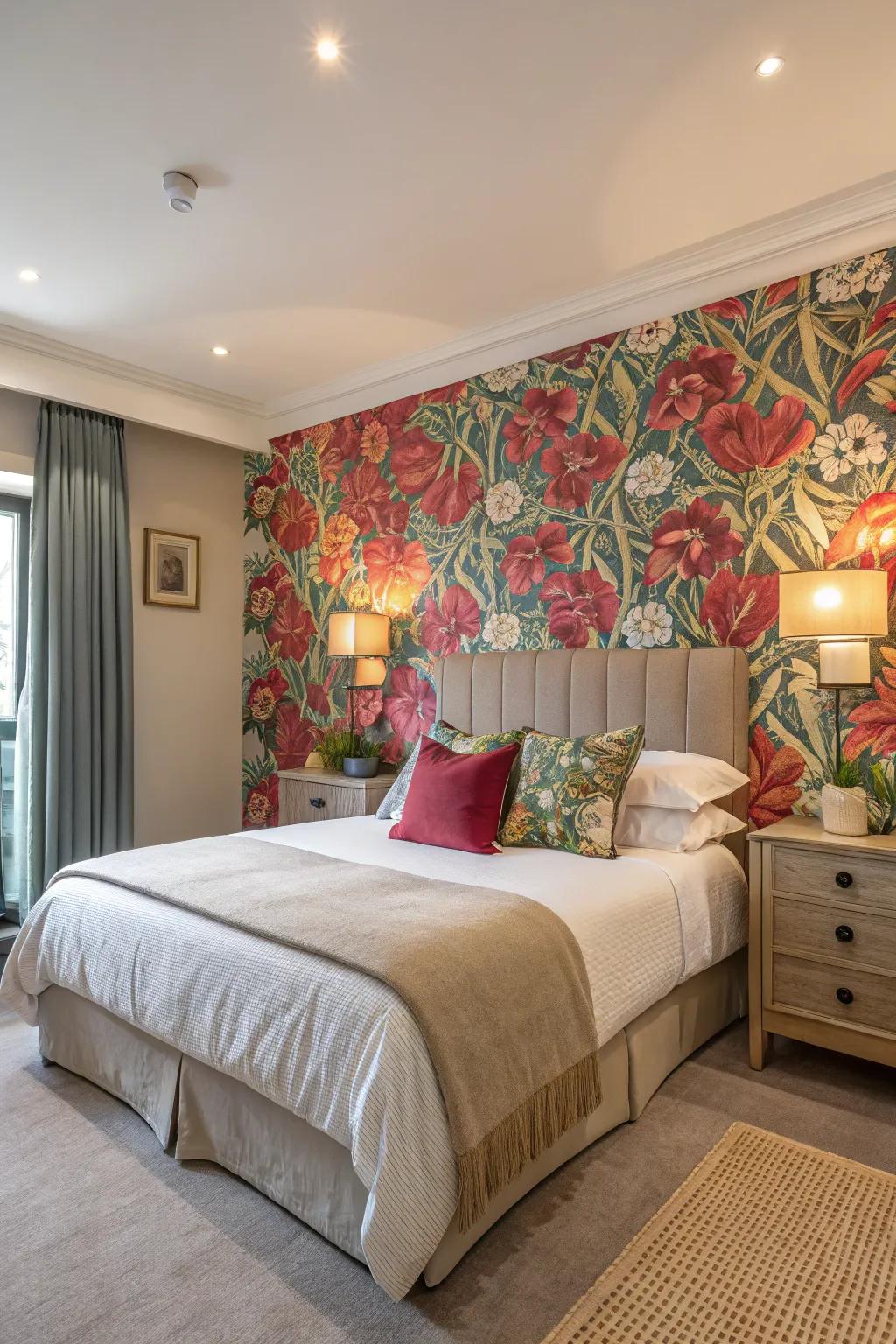 A striking feature wall adds depth and individuality to the bedroom.