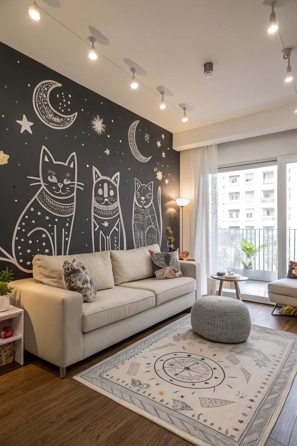 Cosmic felines add playful elegance to the living room.