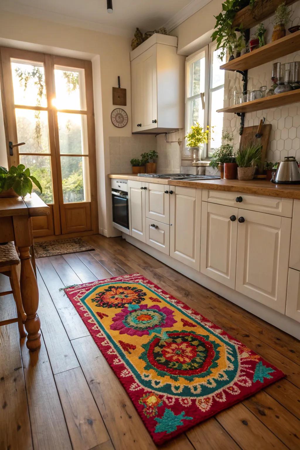A decorative rug enriches the culinary floor using warmth and color.