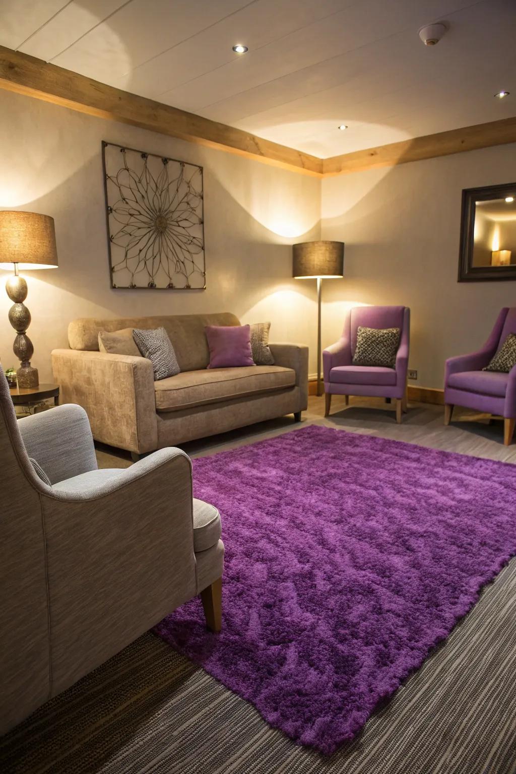 A statement purple rug grounding the space.