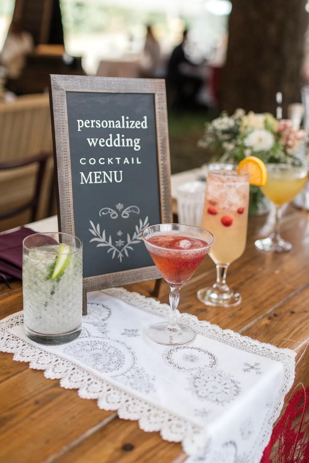 A custom mixed drinks menu with drinks inspired by love.