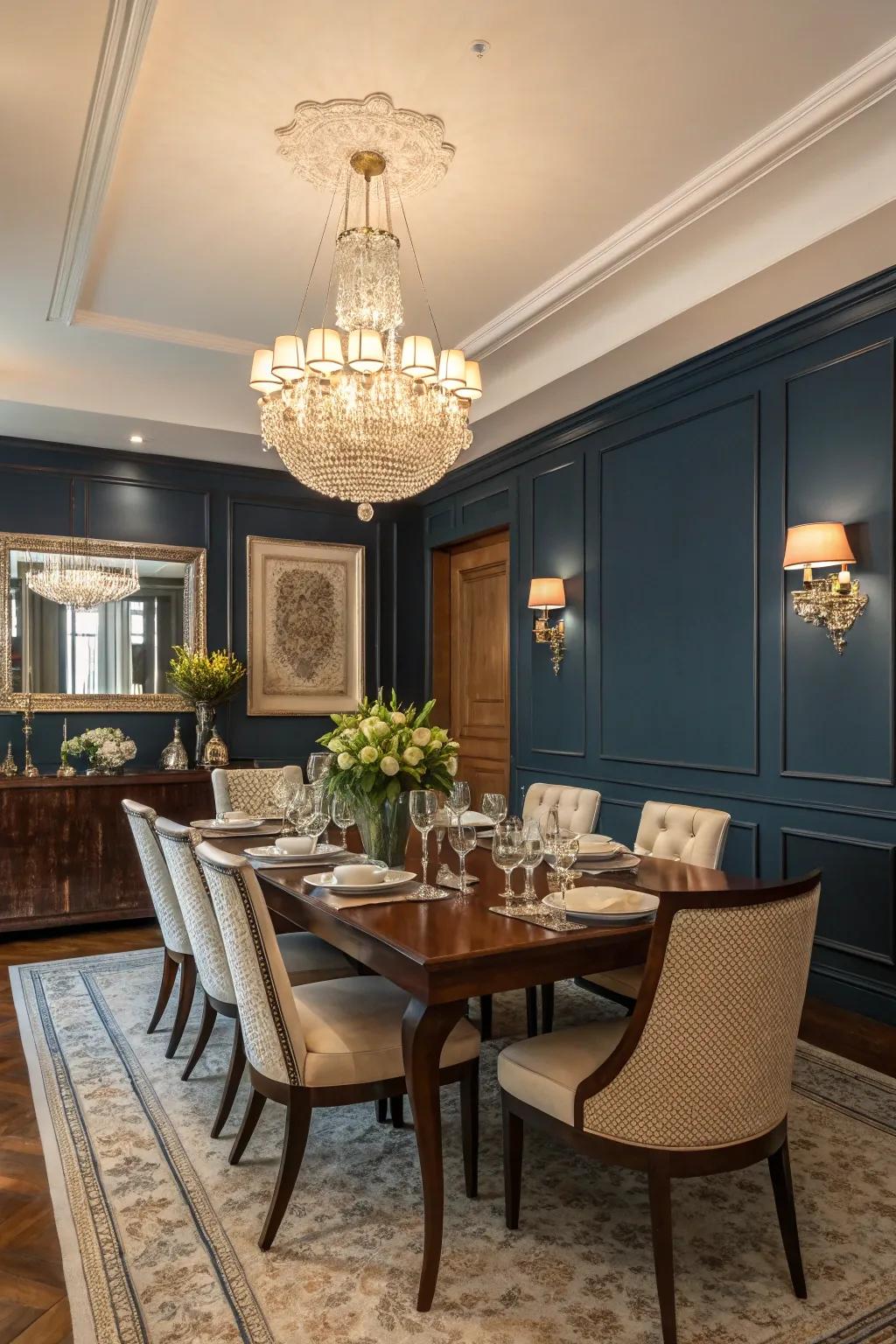 A deep indigo feature wall creates a striking statement.