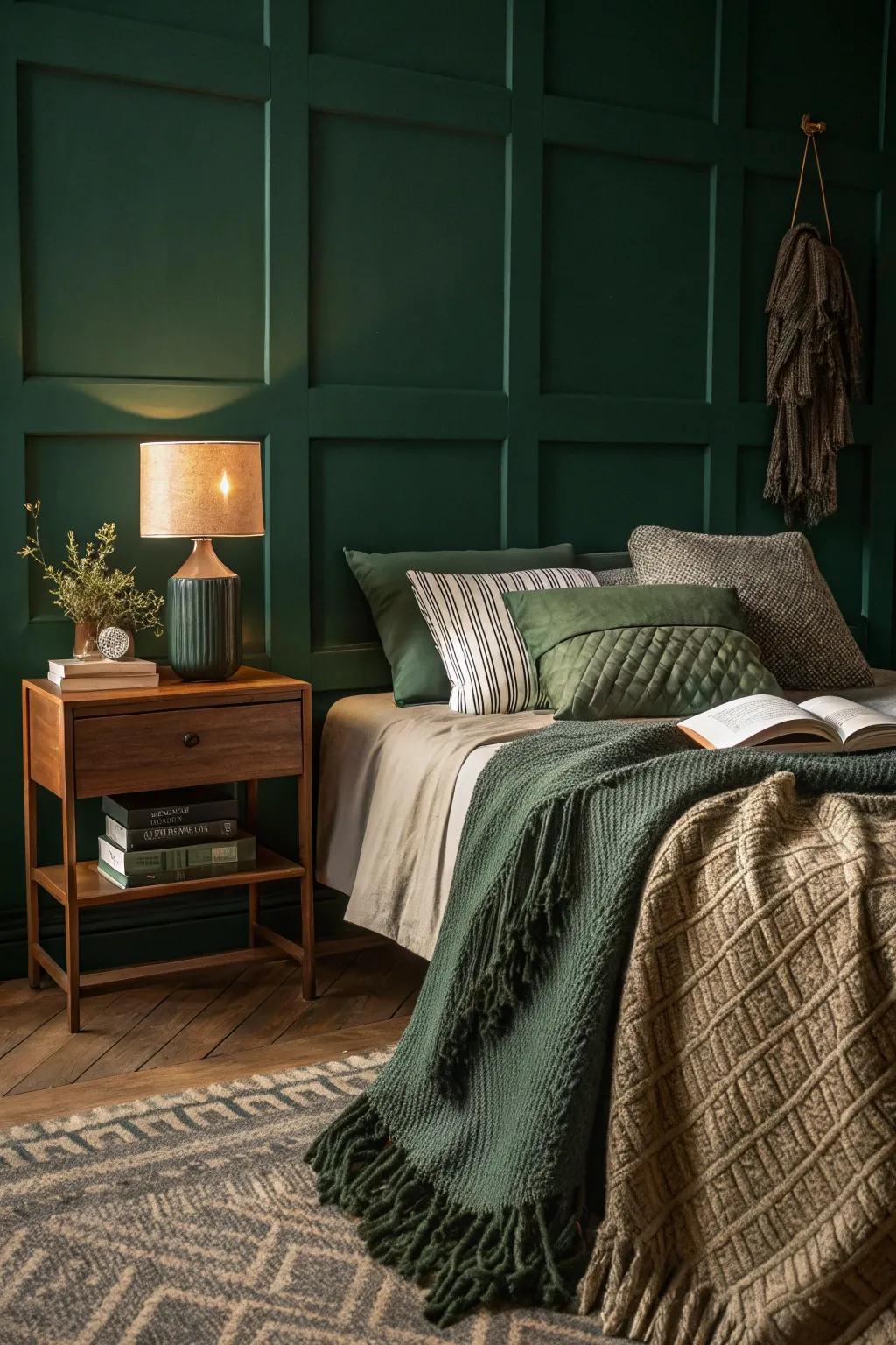 A shadowy jade bedroom presenting textured throws and cushions for amplified solace.