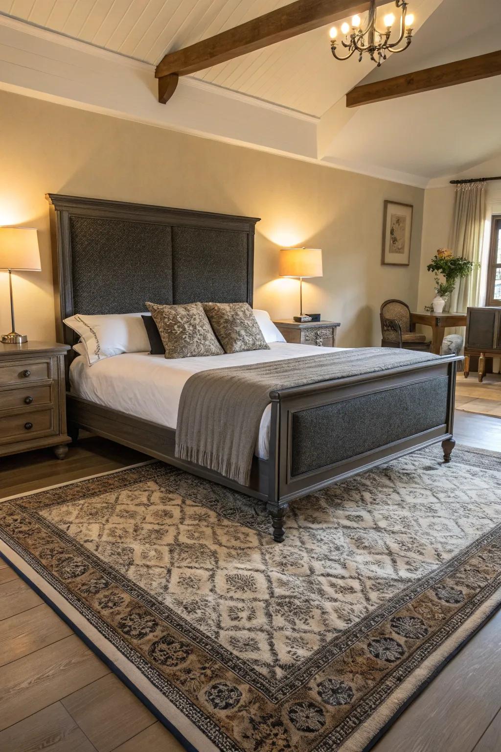 Lavish elements enhance the sophistication of a dark grey bed frame.