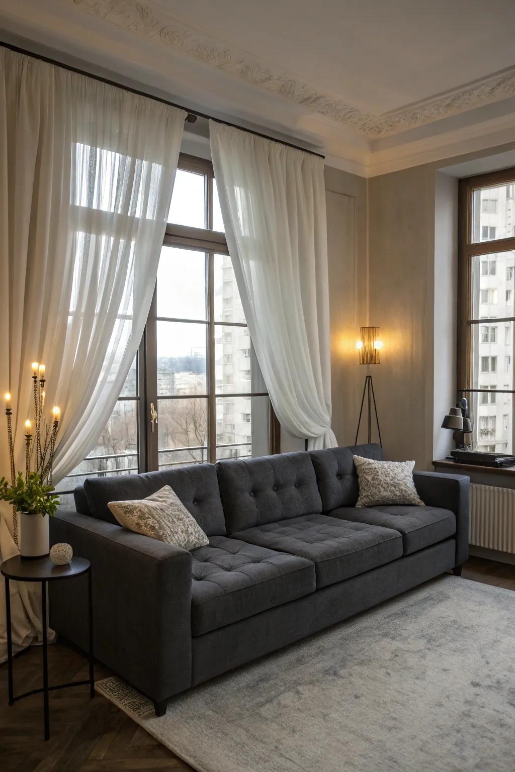 Curtains can beautifully complement your sofa.