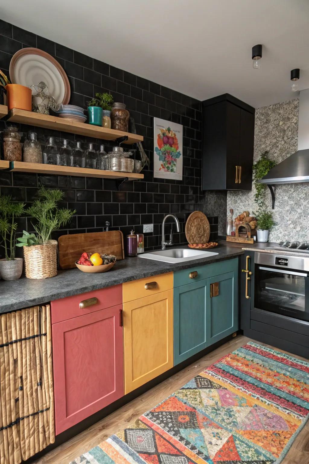 A diverse kitchen design that merges a mixed material dark backsplash for added depth.