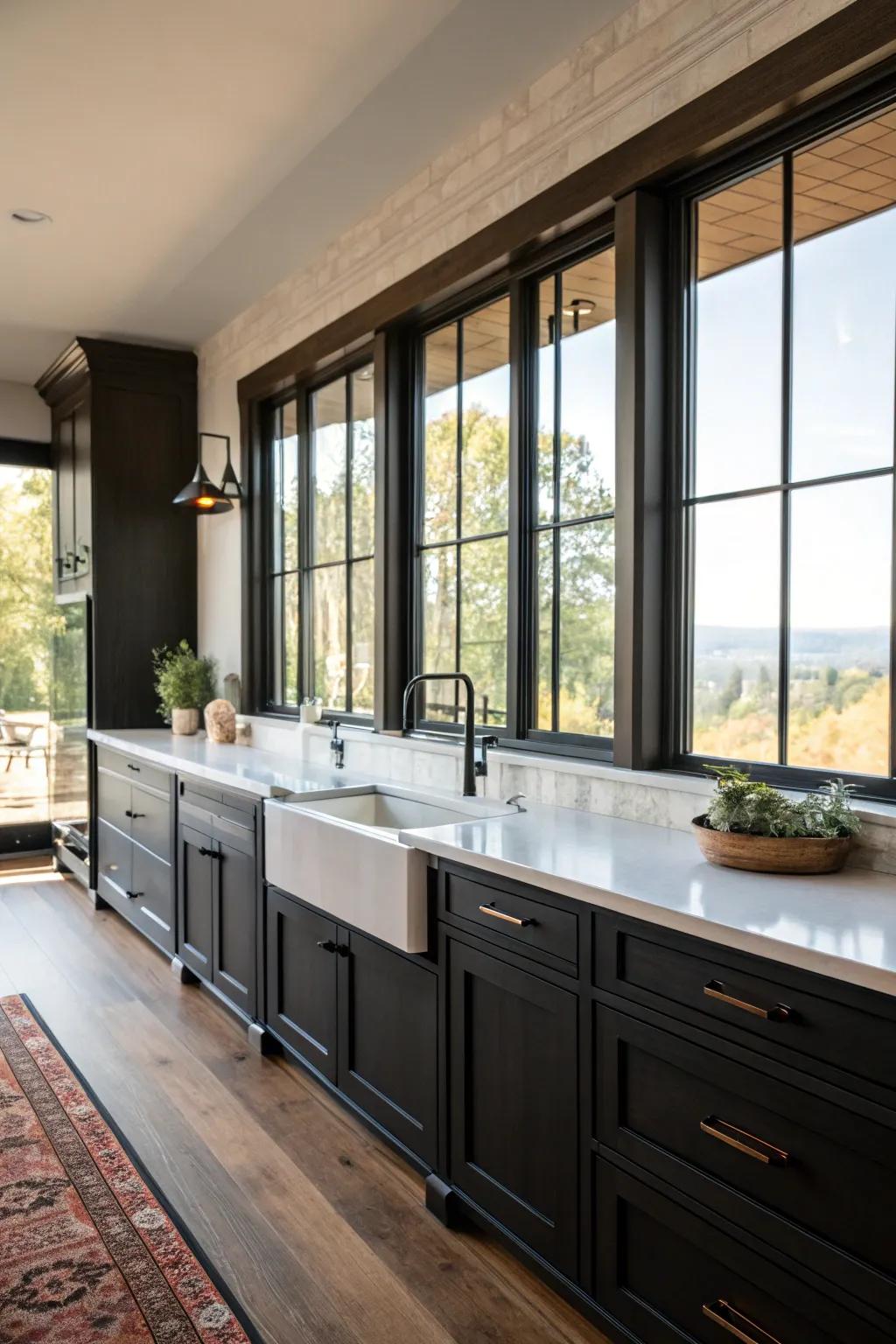 Natural illumination from large windows beautifully balances the deep cabinetry.