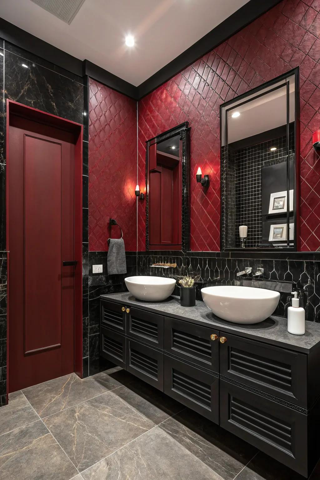 Divergent hues append modernity and equilibrium to the restroom.