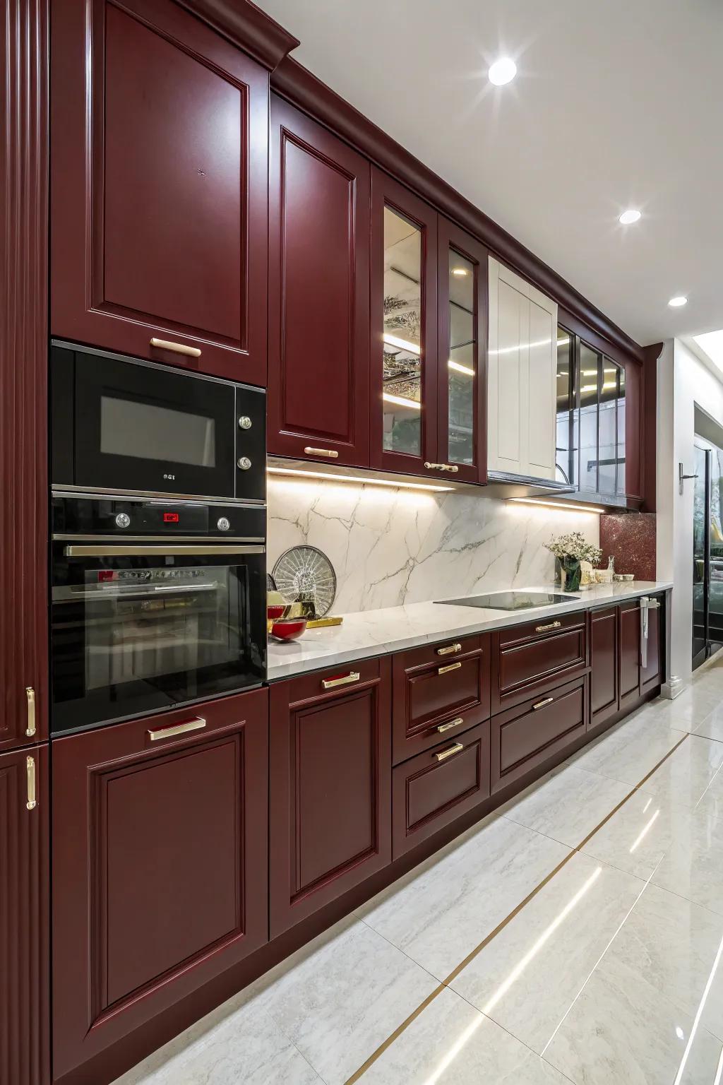 Lively kitchen featuring a mix of gleaming and muted dark red cabinets.