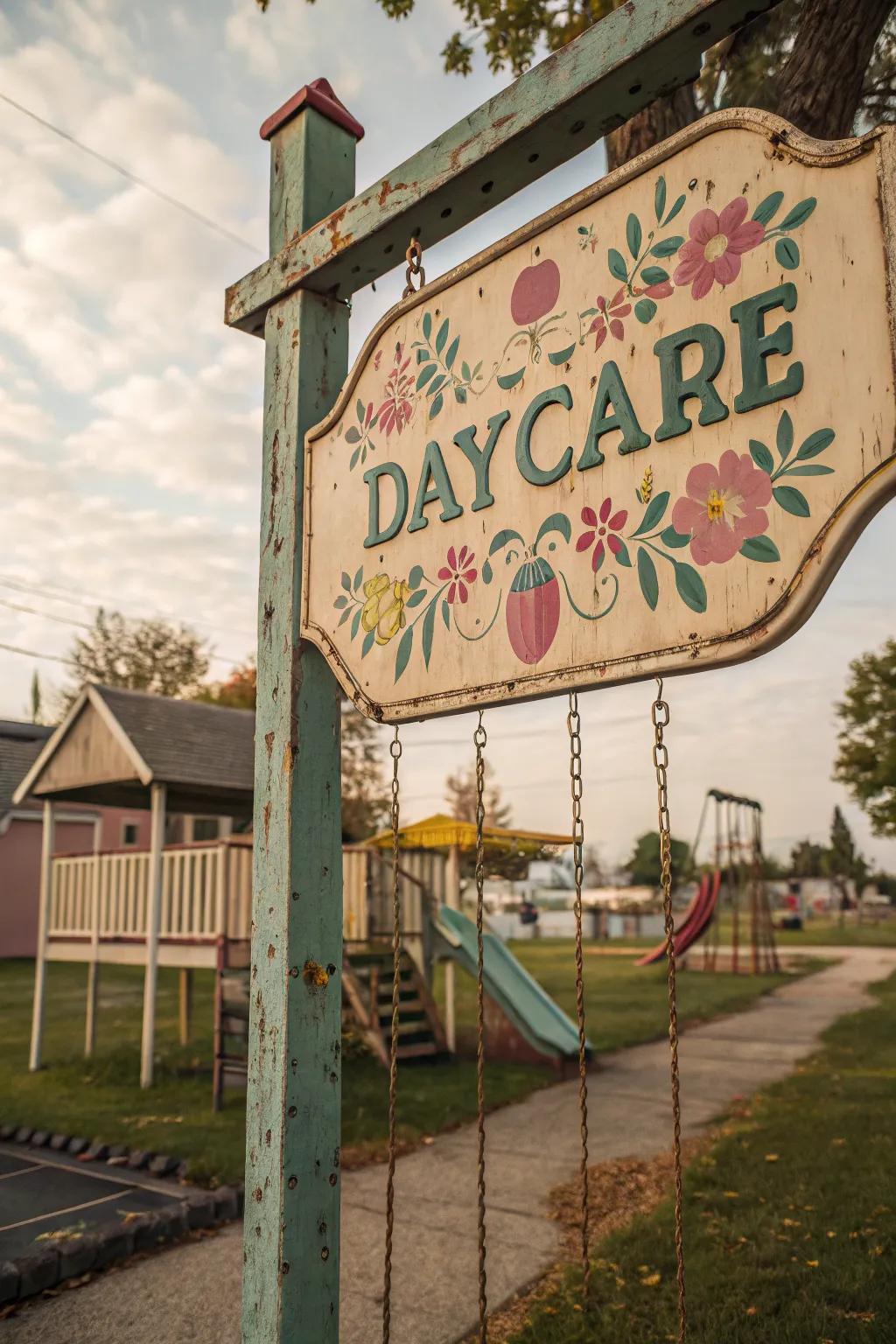 A vintage-inspired marker adds charm and character to the daycare entrance.