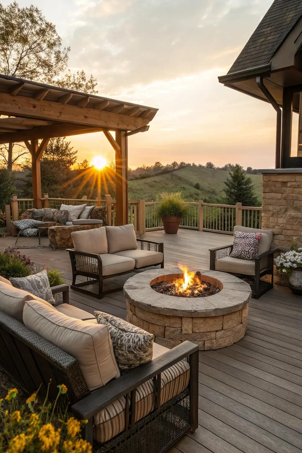 A sunken hearth zone crafts an alluring and lavish patio feature.