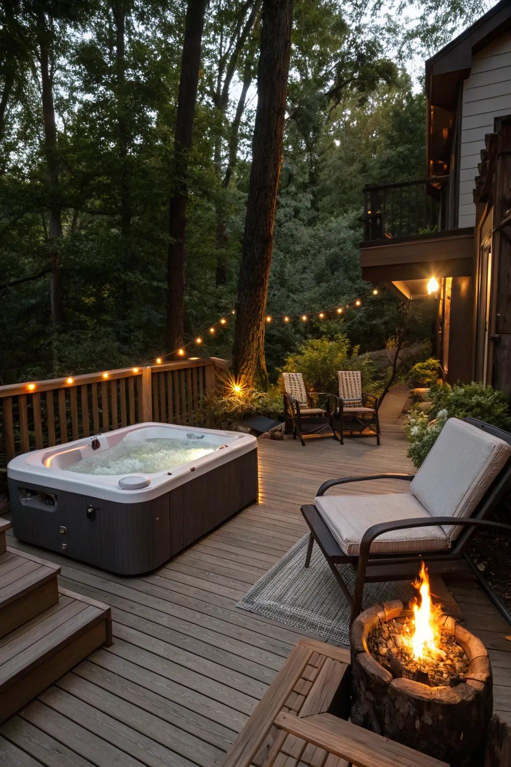A blaze pit adds warmth and ambiance to the hot tub deck.