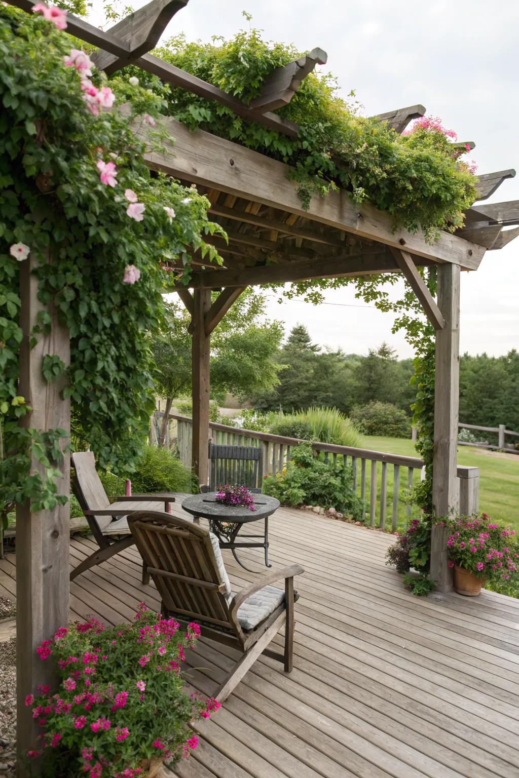A pergola adorned with greenery offers shade and a touch of nature to this deck.