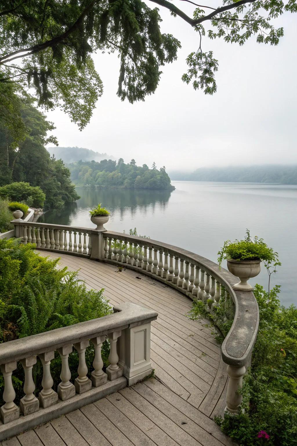An elegant deck with curved balustrades, complementing a serene lakeside view.