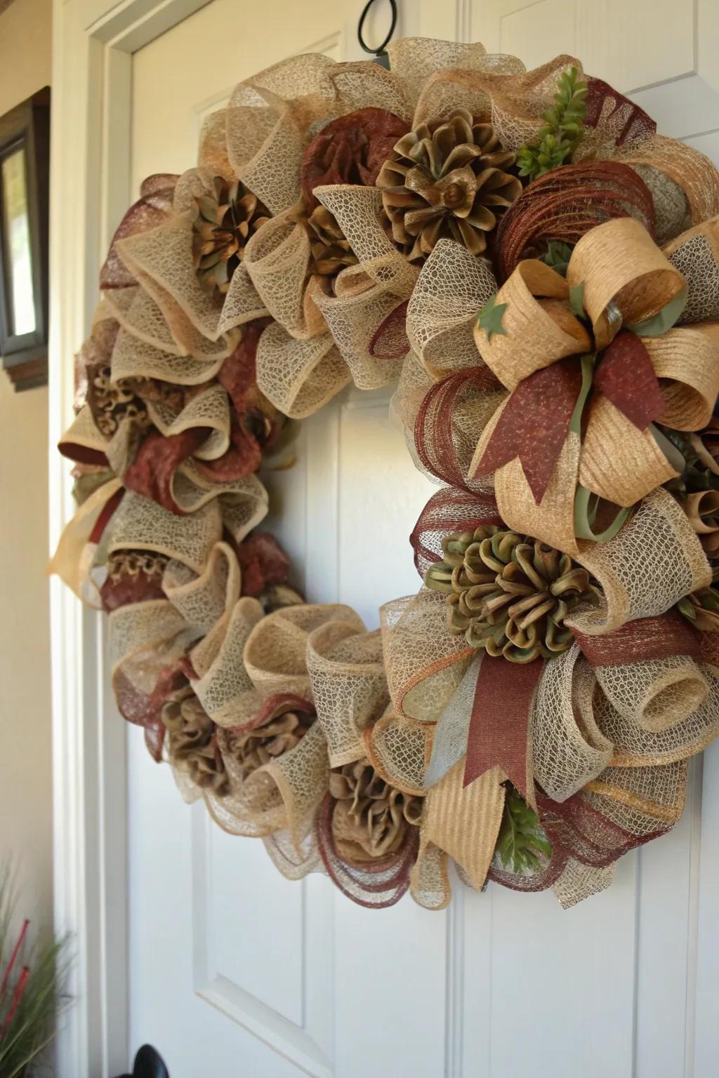 A dance of textures engenders dimension and intrigue within this wreath.